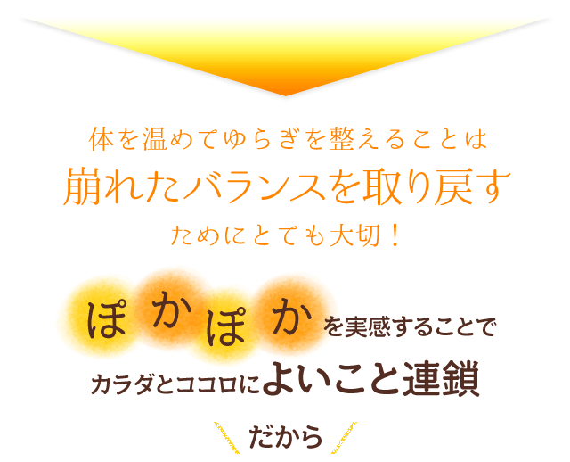 体を温めてゆらぎを整えることは崩れたバランスを取り戻すためにとても大切！ ぽかぽかを実感することでカラダとココロによいこと連鎖 だから